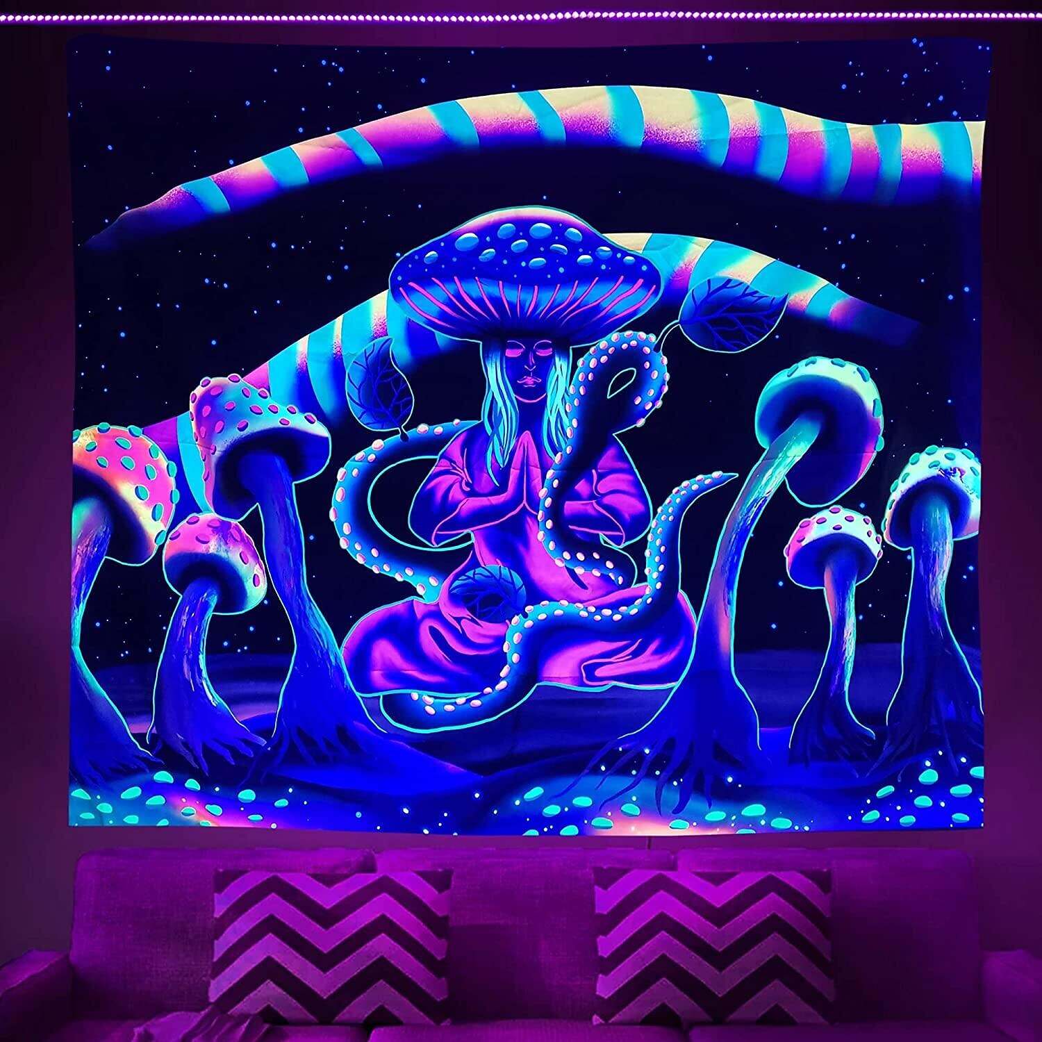 Blacklight Tapestry UV Reactive Trippy Misty Mushroom Forest