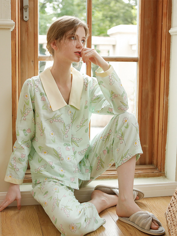 Simple Regular Long Sleeve Floral Cotton Regular Fit Pajama Set