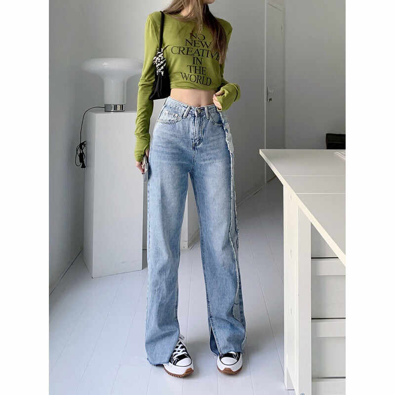 High Waist Slim Side Denim Trousers