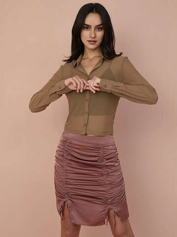 Women Blouses & Shirts | Mesh See Through Solid Long Sleeve Button Down Shirt - VV64037