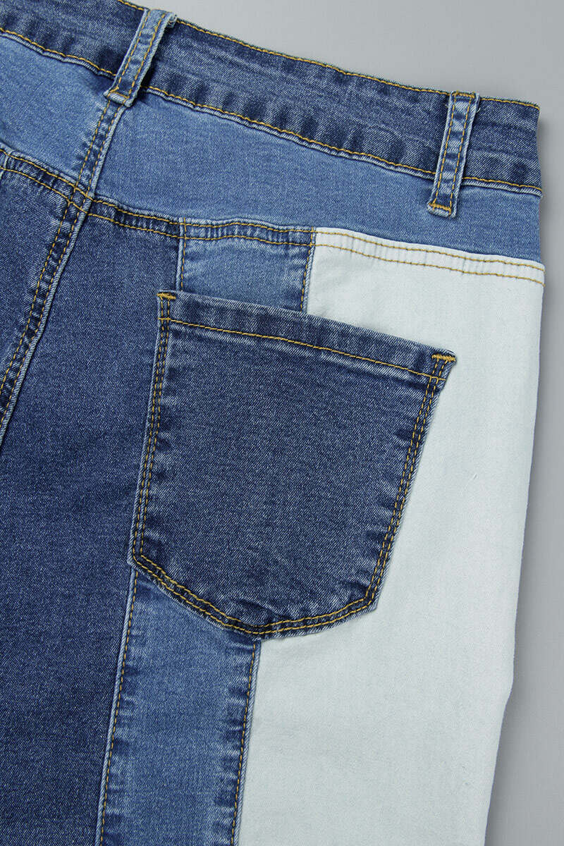 Blue Casual Patchwork Contrast High Waist Skinny Denim Jeans (Subject To The Actual Object)