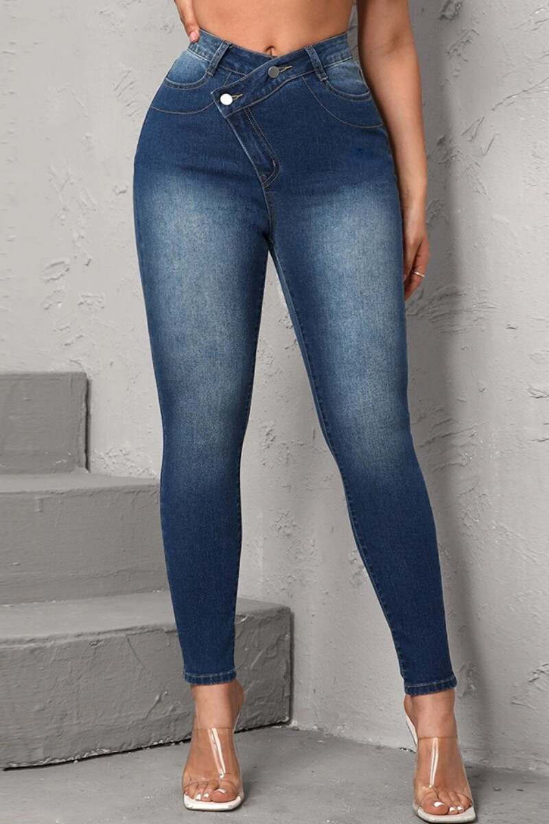 Light Blue Casual Solid Patchwork High Waist Skinny Denim Jeans