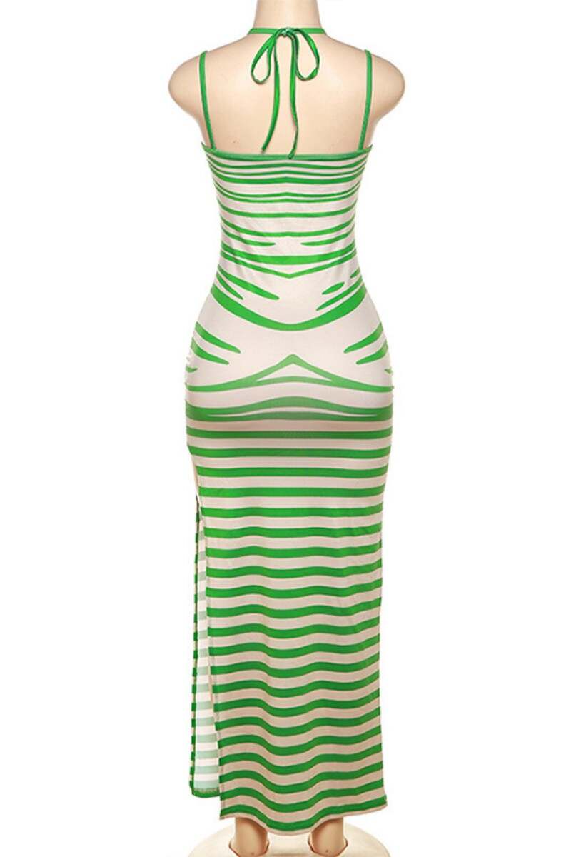 Green Sexy Print Backless Spaghetti Strap Long Dress Dresses