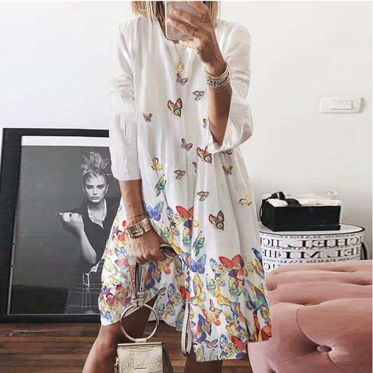 Plus Size Printed Round Neck Long Sleeve Dress