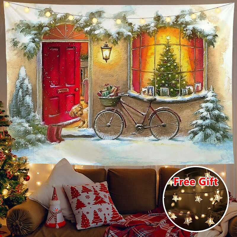 Christmas Decor LED Lights Wall Tapestry Santa Claus Print