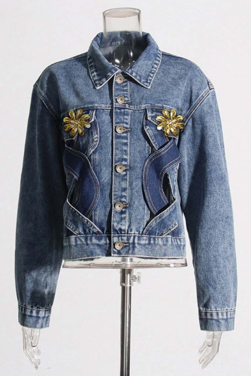 Blue Casual Patchwork Buttons Turndown Collar Long Sleeve Regular Denim Jacket (Subject To The Actual Object)