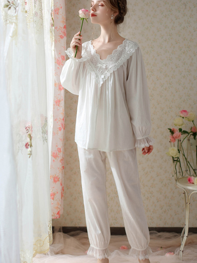 Elegant V Neck Loose Cotton Long Sleeve Pajama Set