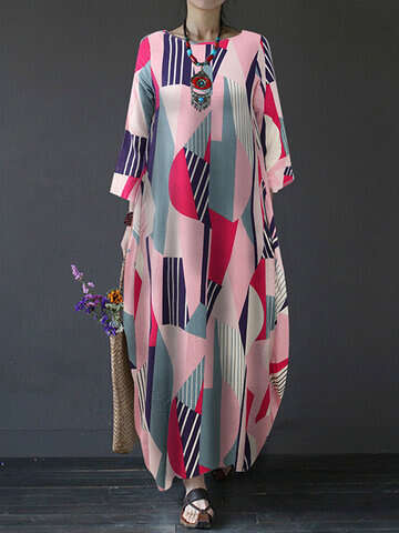 Women Print Dresses | Contrast Color Geometric Print Long Sleeve Vintage Dress For Women - KS96437
