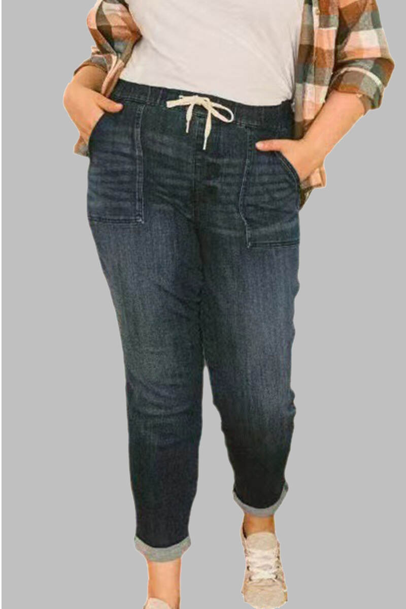 Baby Blue Casual Solid Make Old Patchwork Draw String Mid Waist Straight Denim Jeans