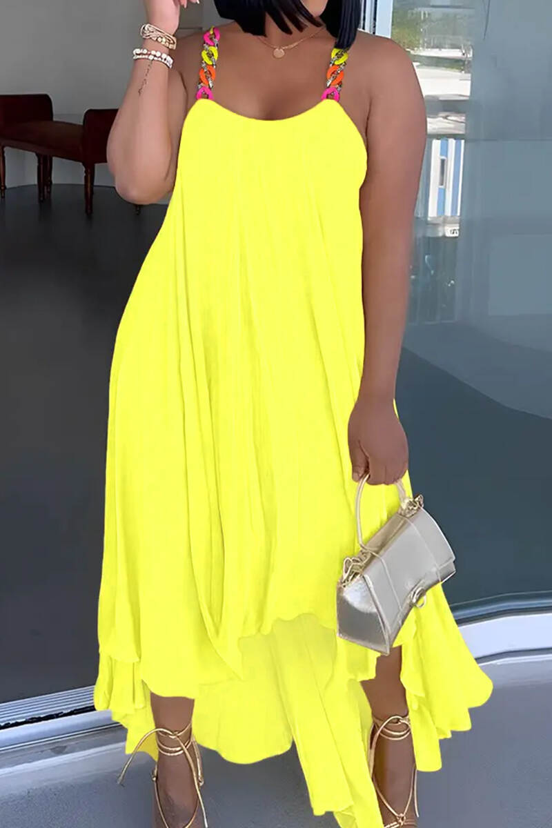 Yellow Casual Daily Elegant Simplicity Chains Asymmetrical Solid Color A Line Dresses