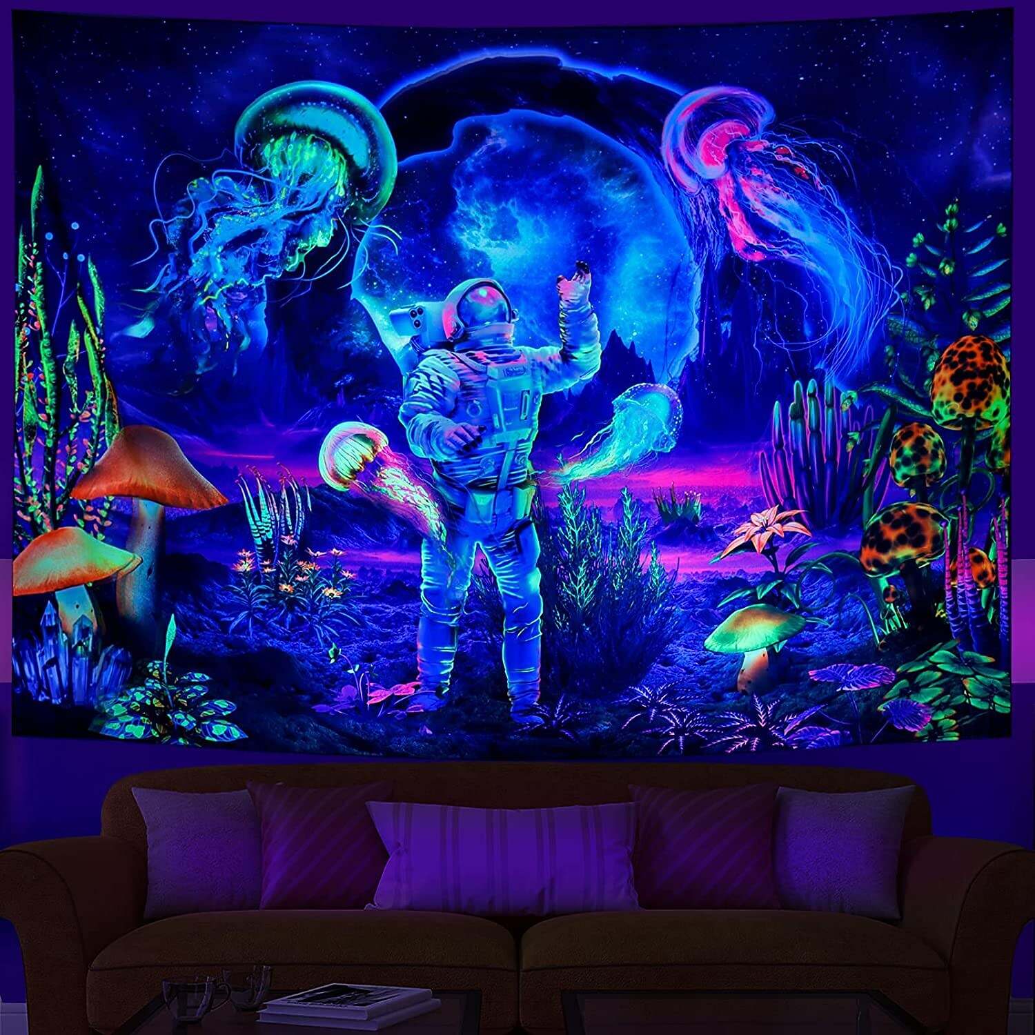 Trippy Astronaut Blacklight UV Reactive Tapestry