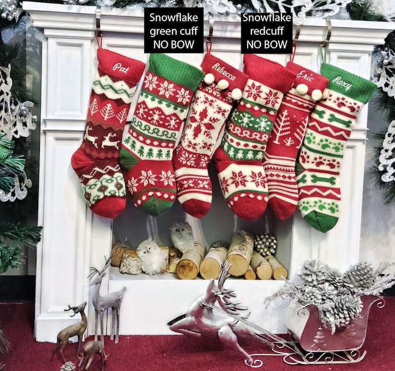 Knitted Christmas Stockings Red IVORY Green Fun Snowflake Family with Pets Cat Mouse Meow and Dog Bone Woof Knit Personalized Embroidered