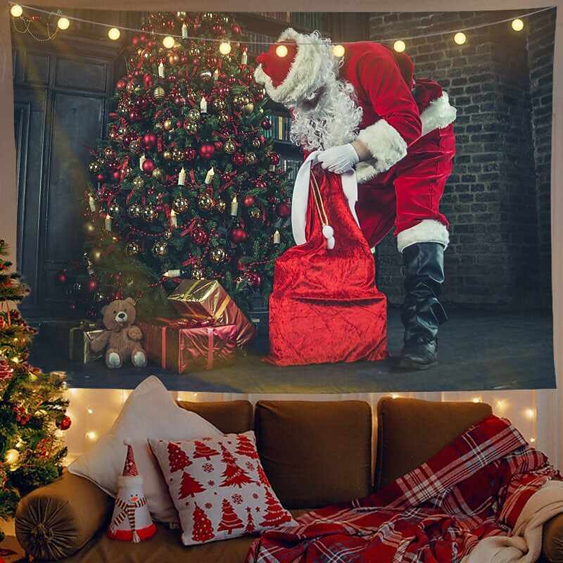 Christmas Decor LED Lights Wall Tapestry Santa Claus Christmas Tree Print