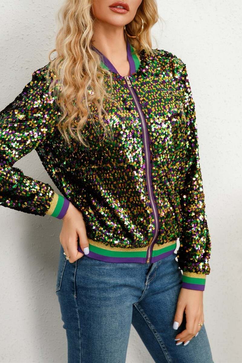 Multicolor Casual Patchwork Sequins Zipper Collar Outerwear