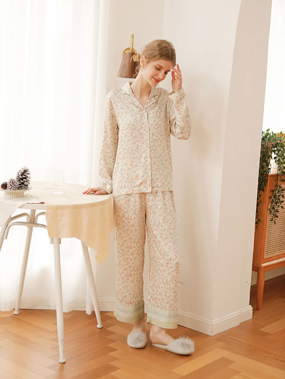 Loose V Neck Casual Floral Long Sleeve Pajama Set