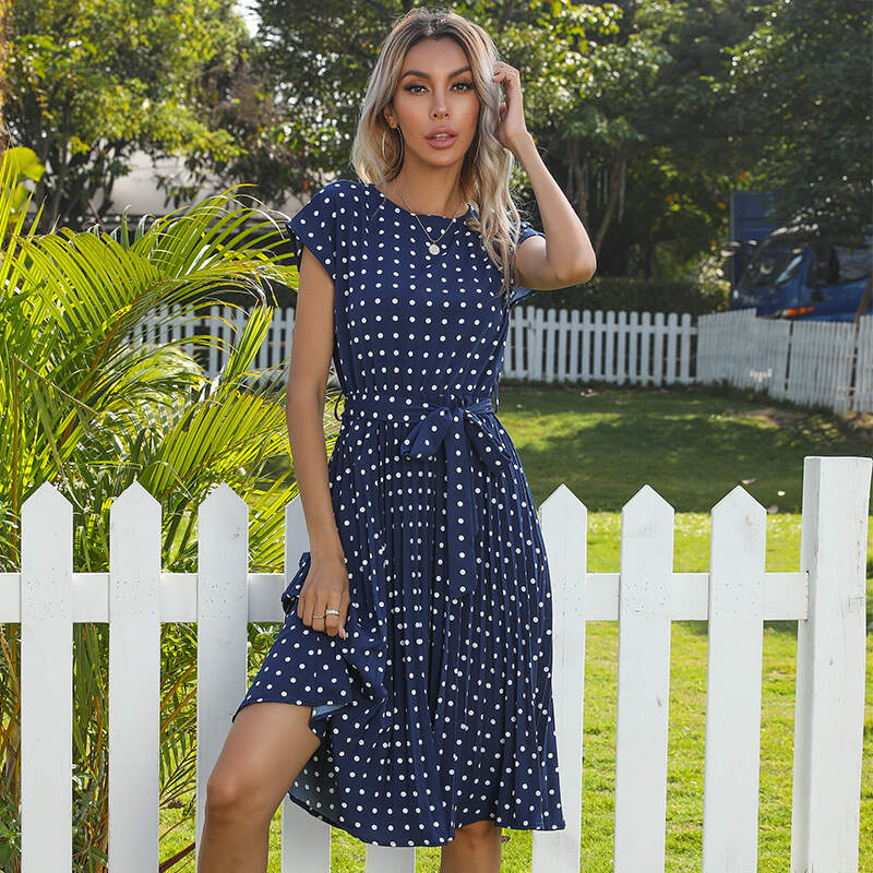 Polka-dot pleated midi dress