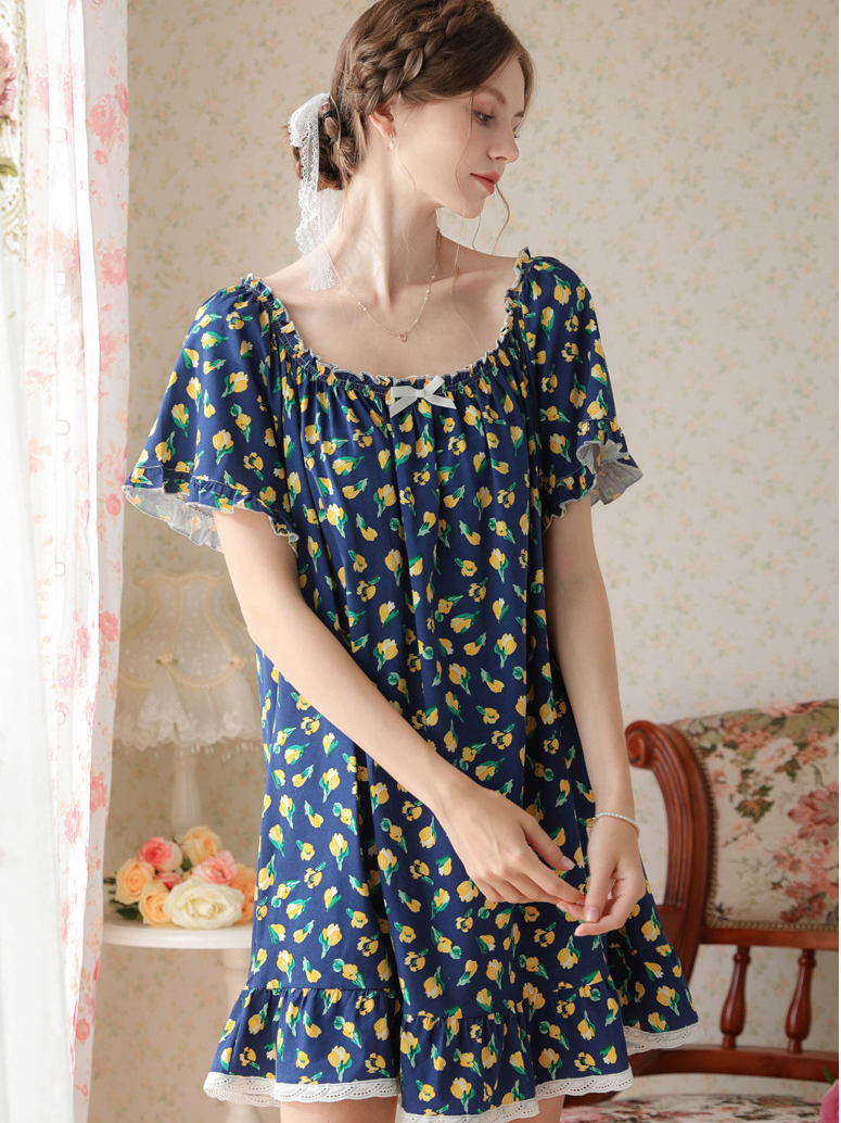 Simple Plain Cotton Floral Others Nightdress