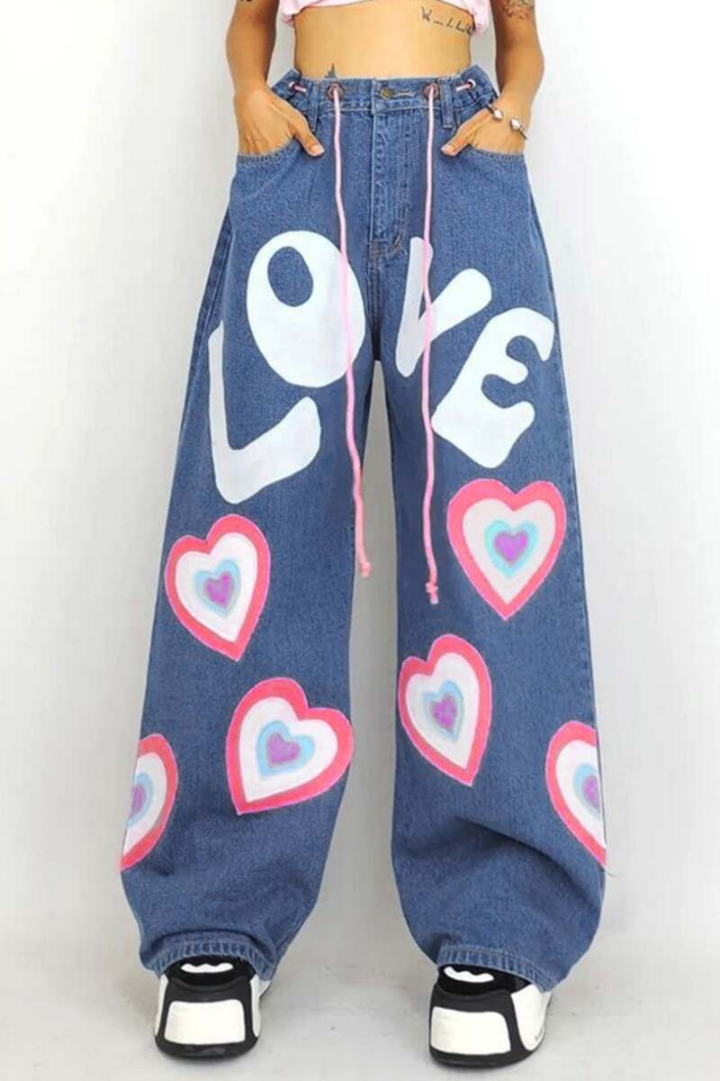 Blue Casual Letter Print Basic Mid Waist Regular Denim Jeans