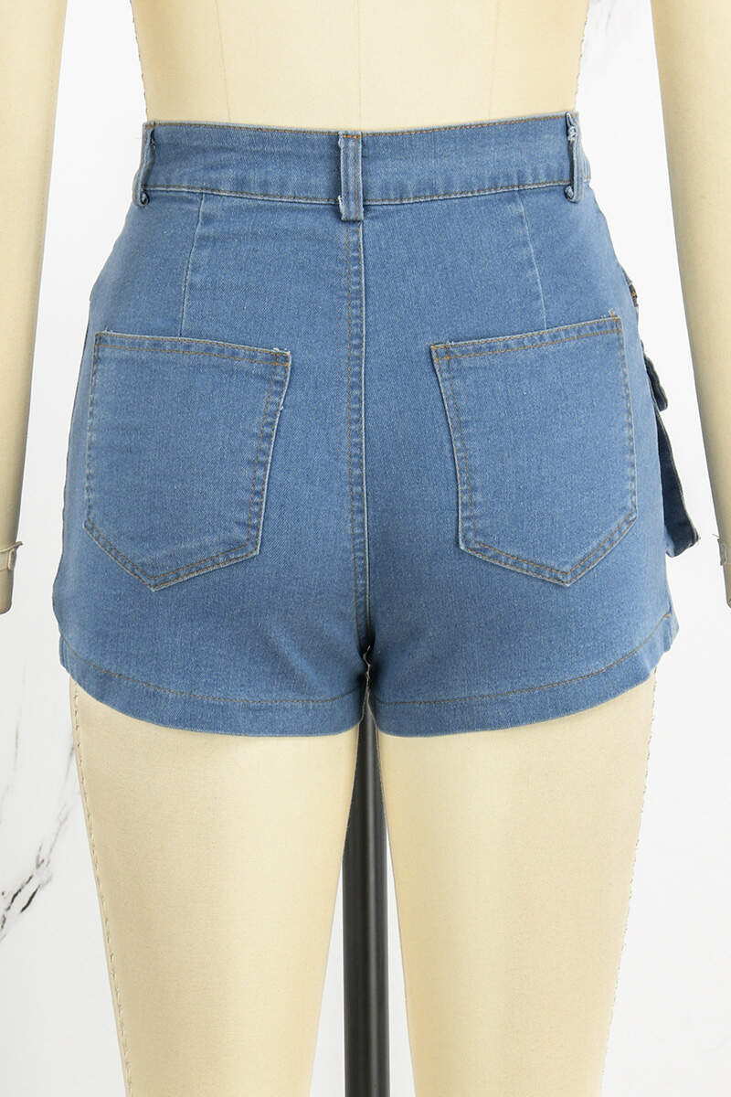 Deep Blue Casual Solid Patchwork Mid Waist Skinny Denim Shorts