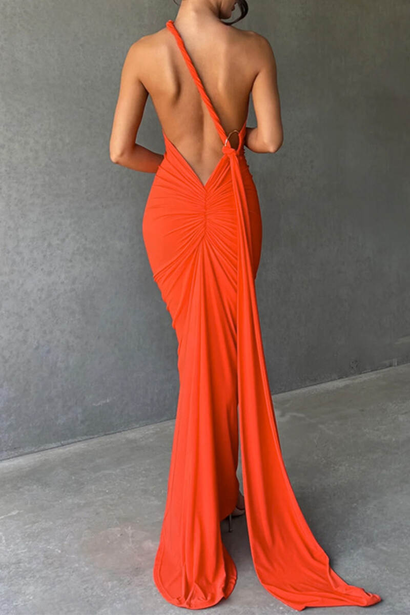 Orange Sexy Solid Backless Oblique Collar Long Dress Dresses