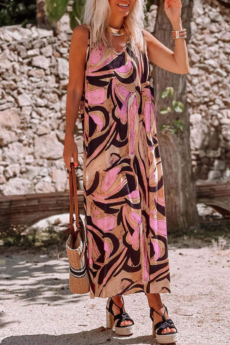 Orange Casual Print Basic V Neck Long Dress Dresses