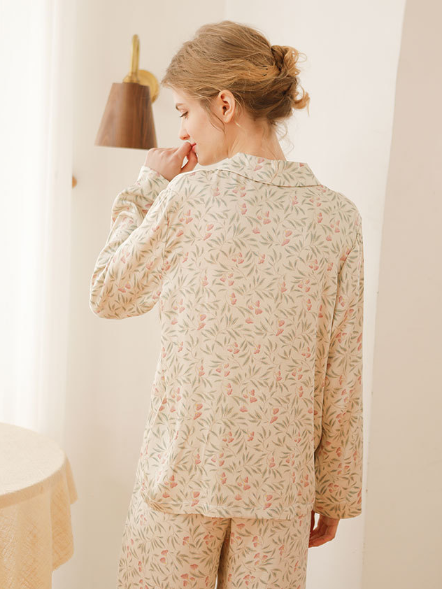 Loose V Neck Casual Floral Long Sleeve Pajama Set