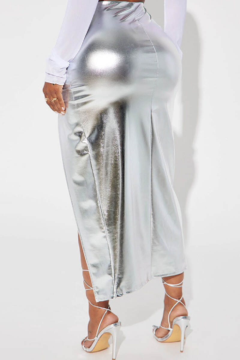 Silver Casual Solid Slit Skinny High Waist Conventional Solid Color Skirts