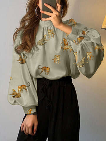 Women Blouses & Shirts | Leopard Graphic Stand Collar Long Sleeve Elegant Blouse - UP20603