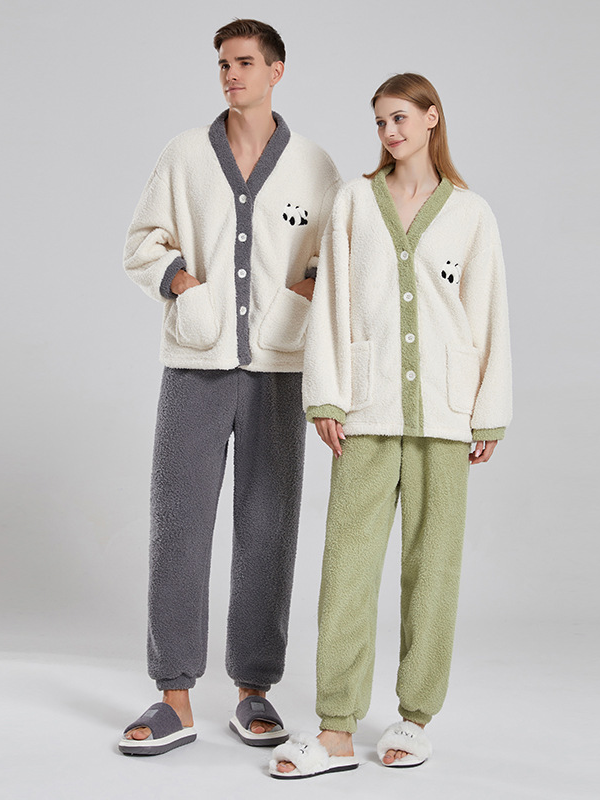 Casual Plain Loose V Neck Long Sleeve Couple Pajama Set