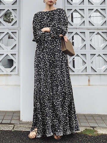 Women Maxi Dresses | Random Allover Print Slit Hem Long Sleeve Maxi Dress - TG23907