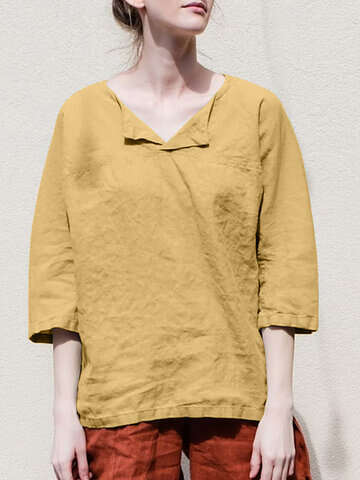 Women Blouses & Shirts | Solid 3/4 Sleeve Loose V-neck Casual Women Blouse - PI14885