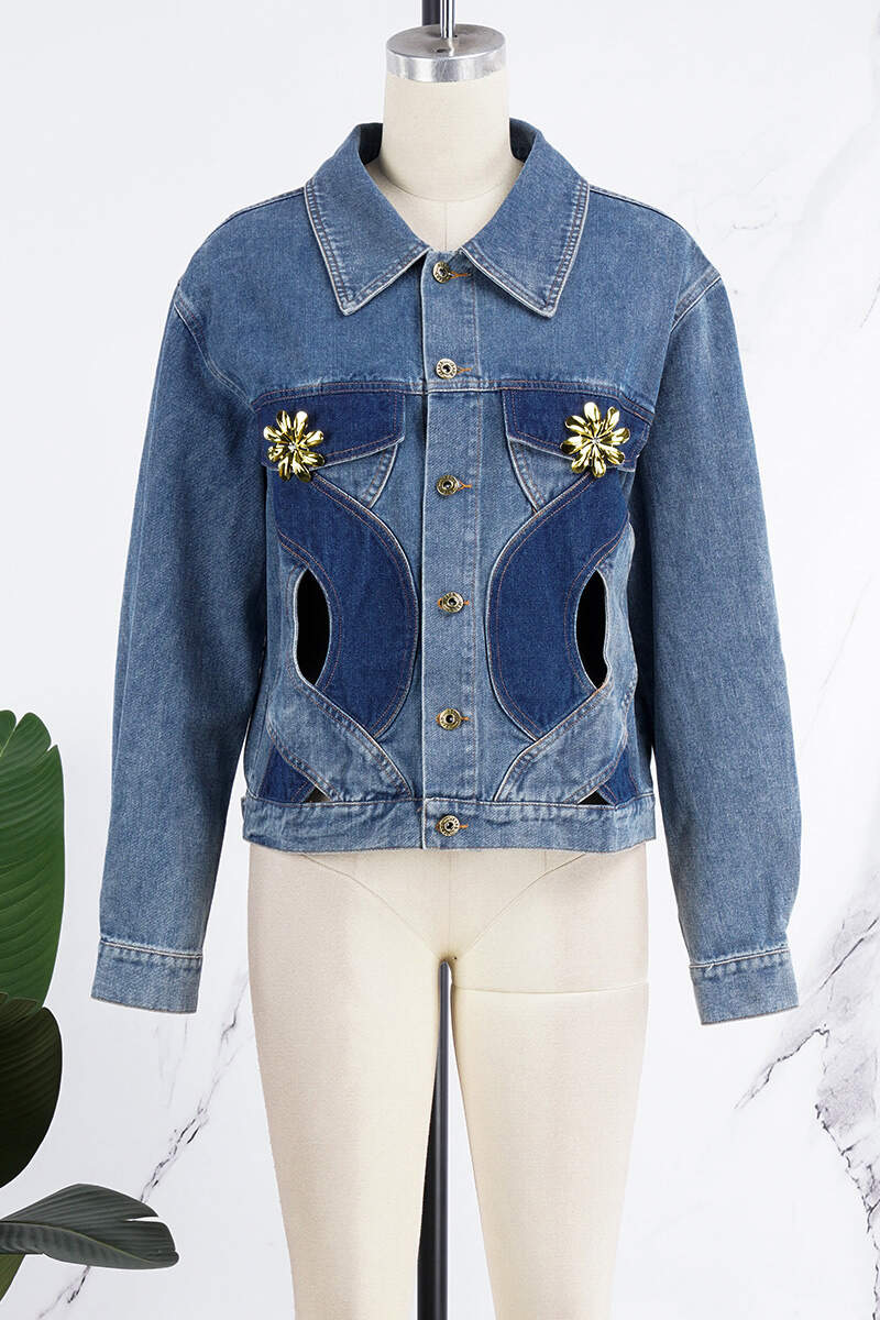 Blue Casual Color Lump Solid Hollowed Out Buttons Metal Accessories Decoration Turndown Collar Long Sleeve Regular Denim Jacket