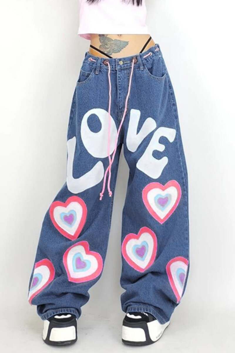 Blue Casual Letter Print Basic Mid Waist Regular Denim Jeans