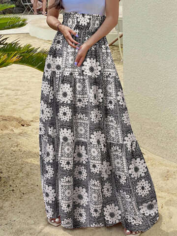 Women Skirts | Tribal Print Shirred Elastic Waist Bohemian Women Skirt - YJ77238