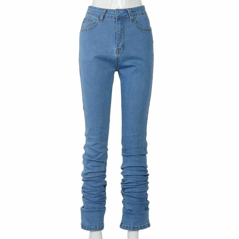 Ruched Denim Blue High Wait Stacked Pants