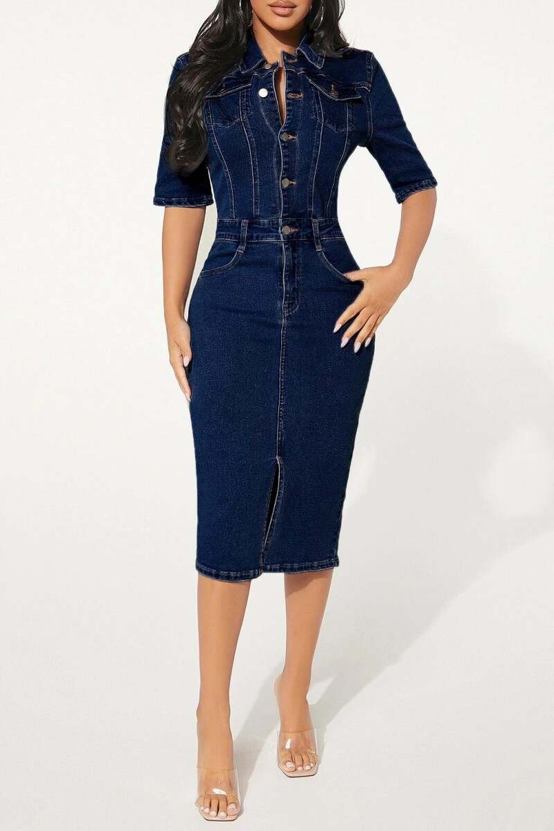 Light Blue Casual Solid Patchwork Turndown Collar Half Sleeve Denim Dresses