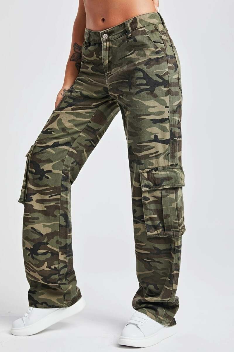 Army Green Casual Camouflage Print Patchwork Mid Waist Denim Jeans