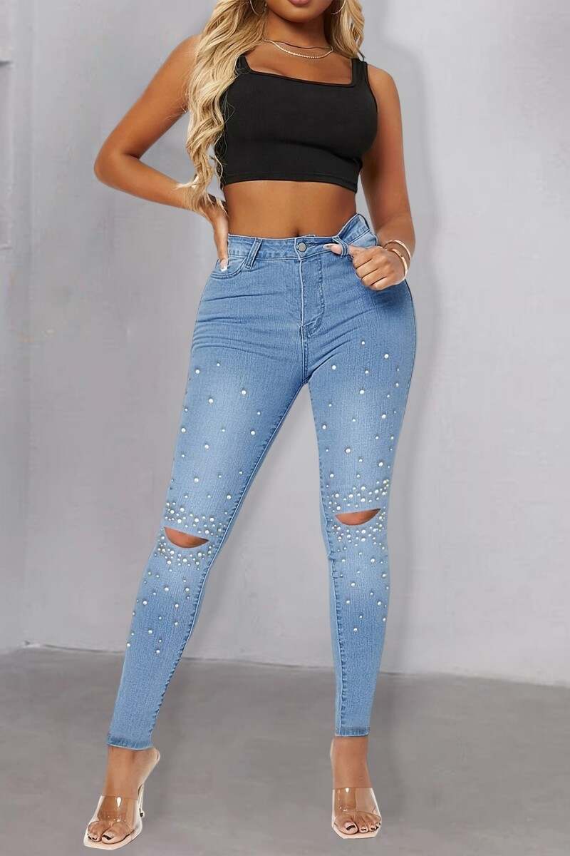 Medium Blue Casual Patchwork Ripped Beading High Waist Skinny Denim Jeans (Subject To The Actual Object)