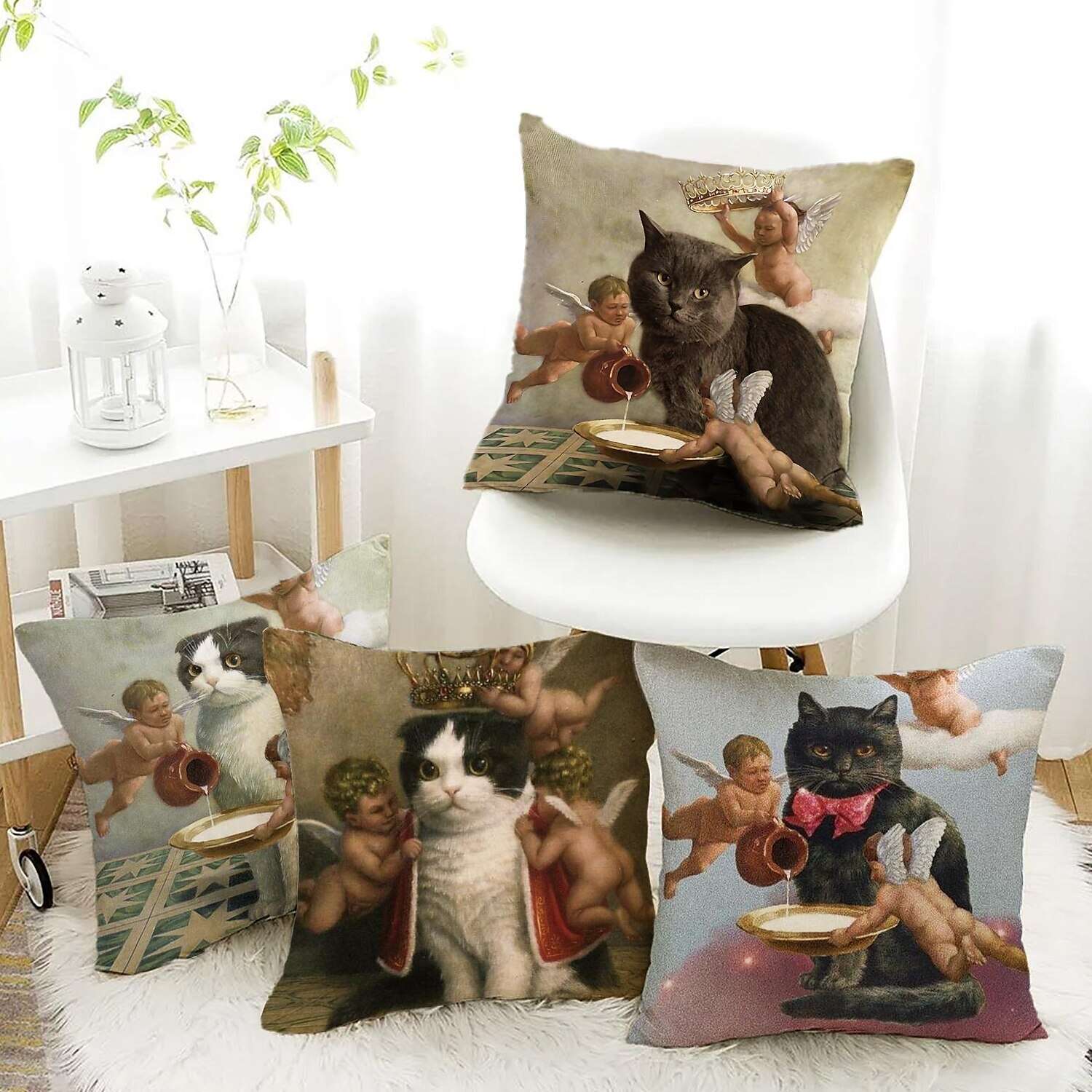 Funny Renaissance Cat Double Side Pillow Cover 4PC