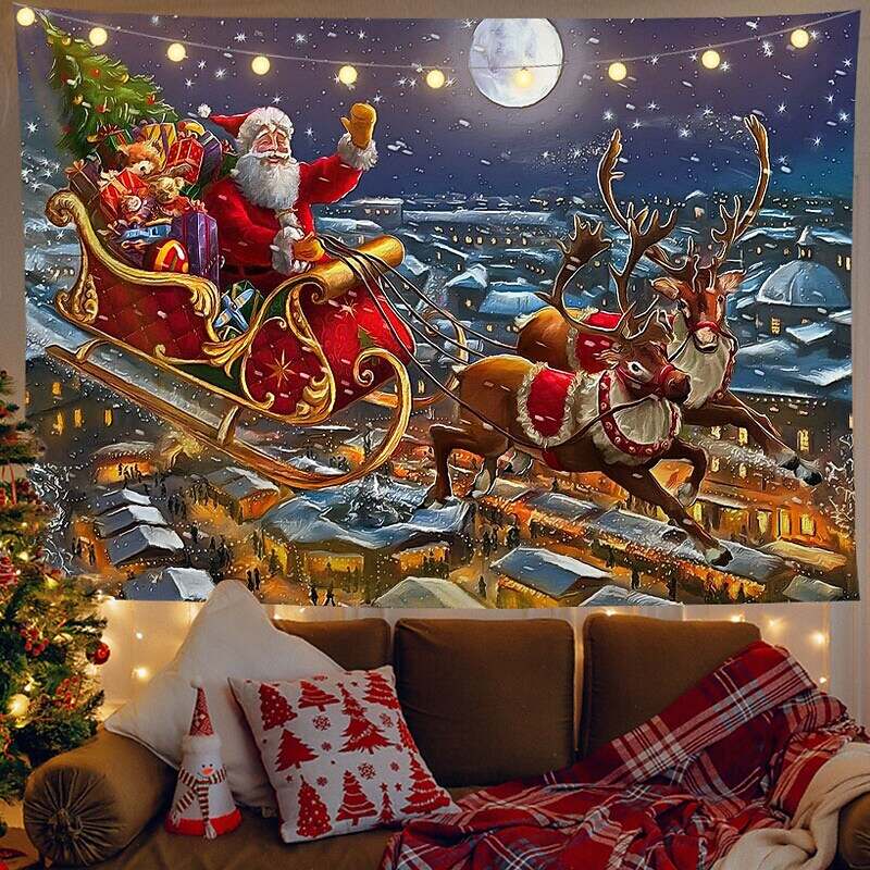 Christmas Decor LED Lights Wall Tapestry Santa Claus Print