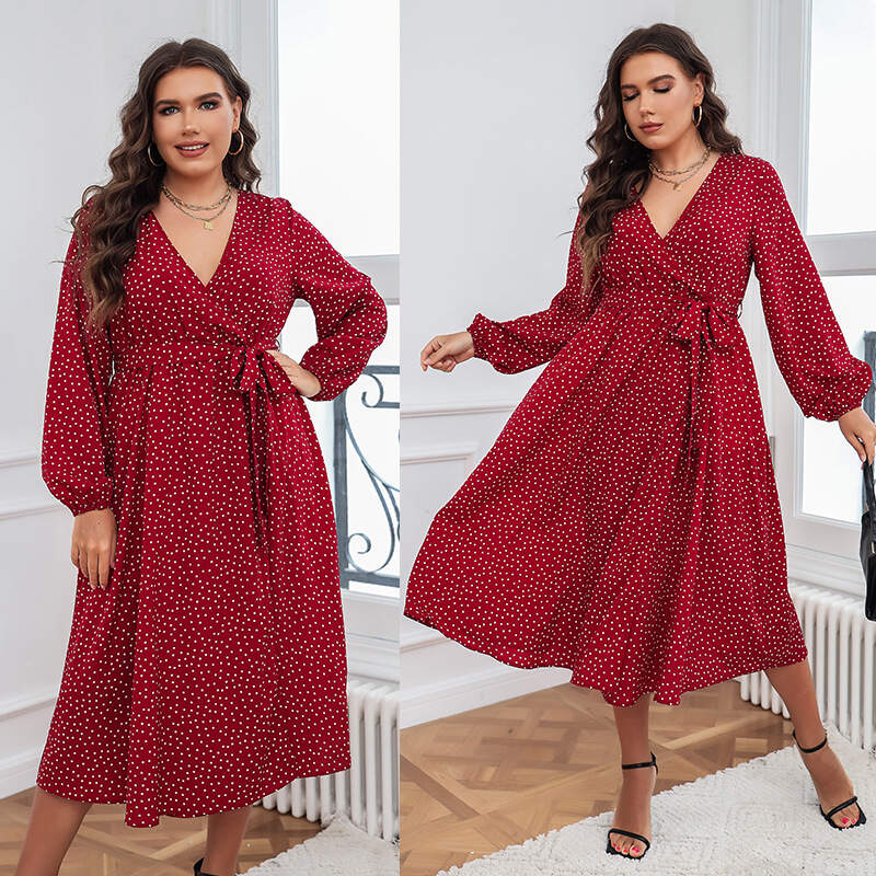 Cotton plus size red polka dot dress