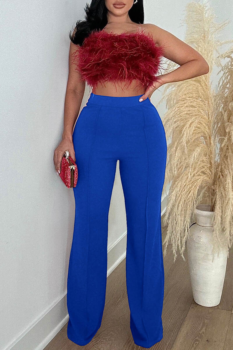 Red Casual Solid Basic Regular High Waist Conventional Solid Color Trousers