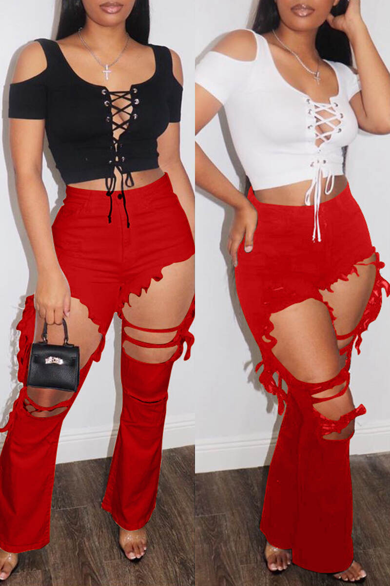 Red Casual Solid Tassel Ripped Mid Waist Skinny Denim Jeans