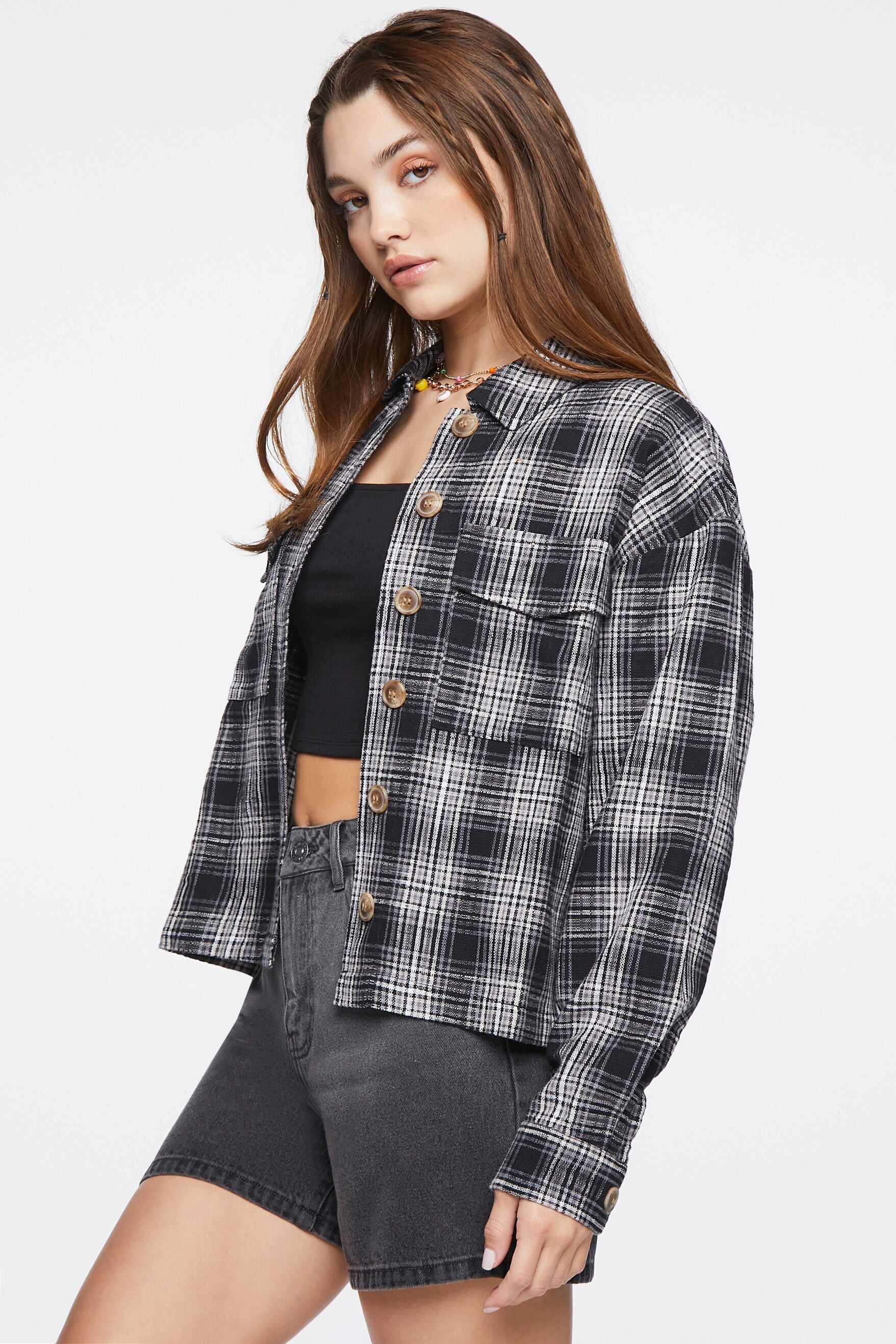 Women Apparel | Plaid Button-Front Shacket Light Blue Forever21 - SU99823