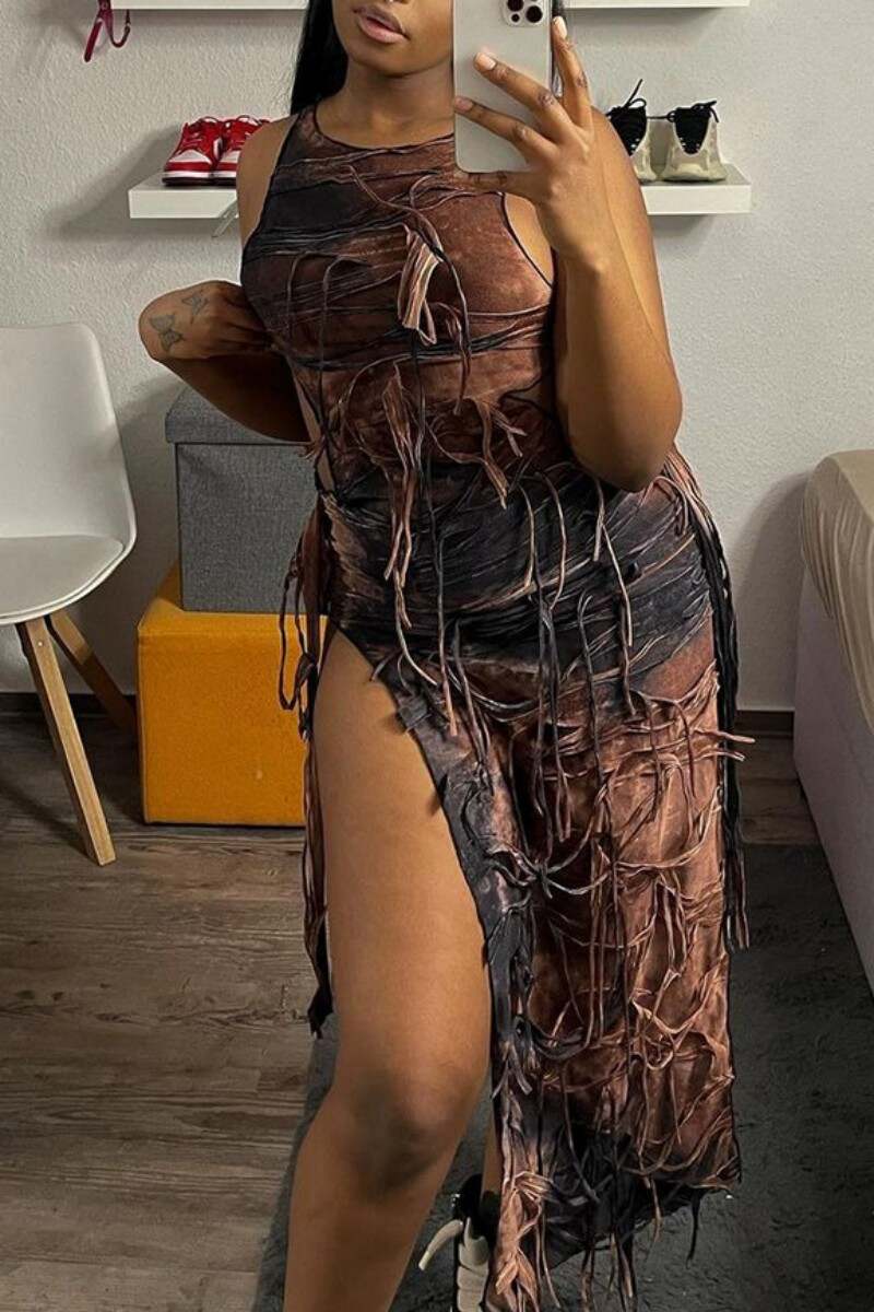 Brown Casual Print Tie Dye Hollowed Out Slit O Neck Sleeveless Dress Dresses