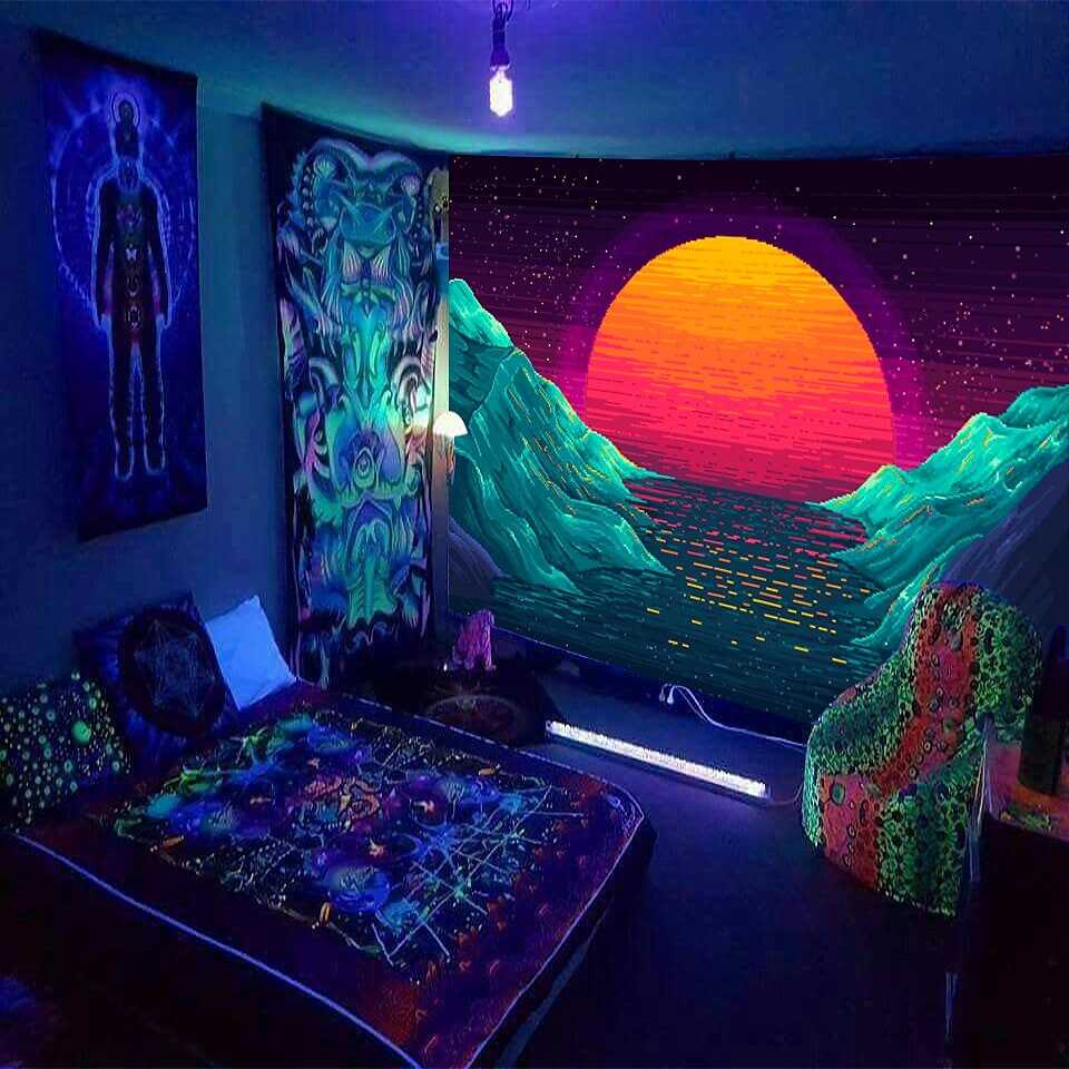 Blacklight UV Reactive Tapestry Trippy Sunset Decoration Cloth