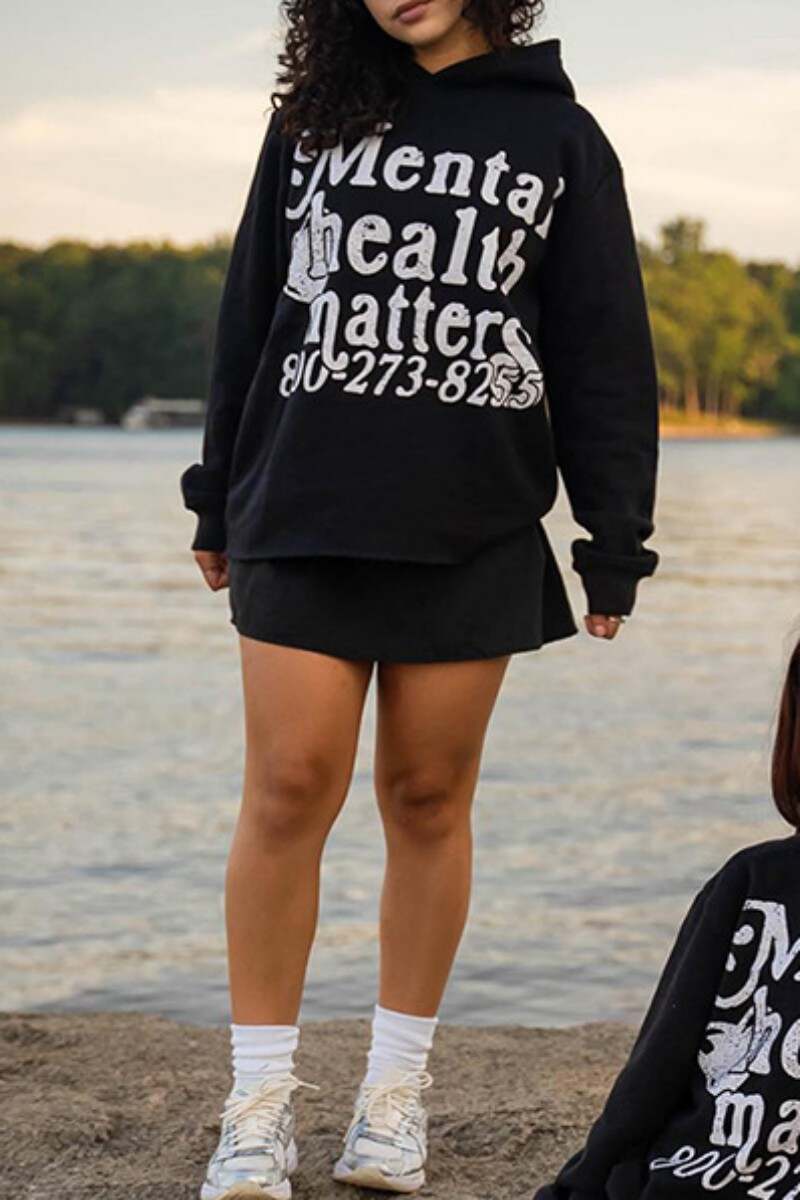 Black Casual Letter Print Basic Hooded Collar Tops