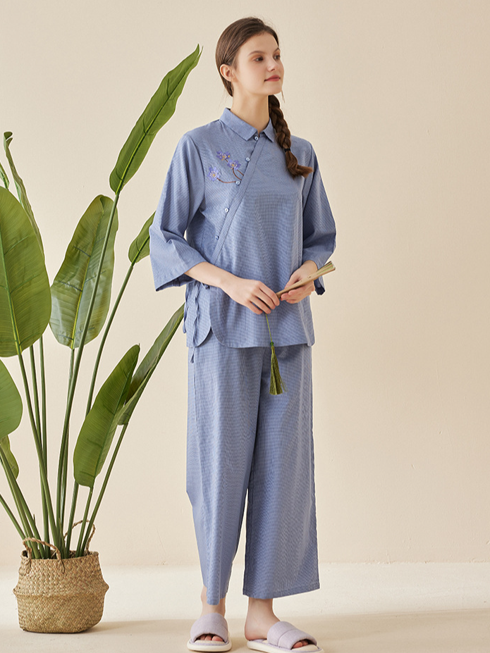 Shawl Collar Regular Fit Simple Cotton Pajama Set