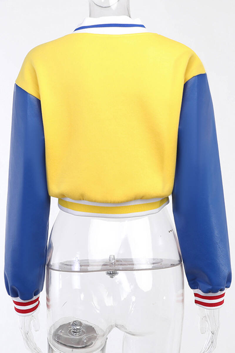 Yellow Casual Letter Patchwork Buckle O Neck Outerwear