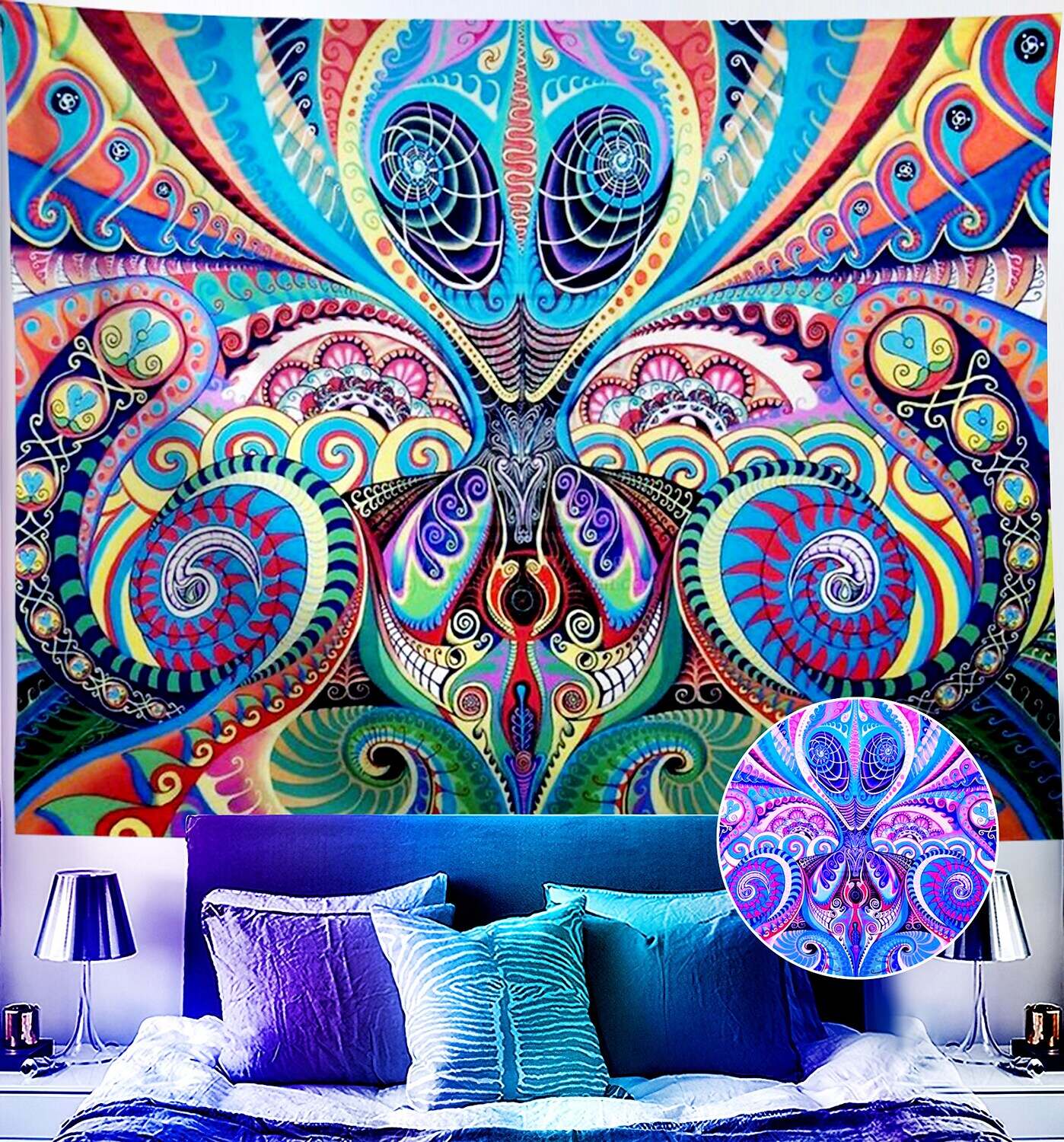 Trippy Blacklight UV Reactive Wall Tapestry Alien Psychedelic Butterfly